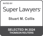 A badge with "Rated by Super Lawyers" at the top, followed by "Stuart M. Collis" in the center. The bottom reads "Selected in 2024 Thomson Reuters.