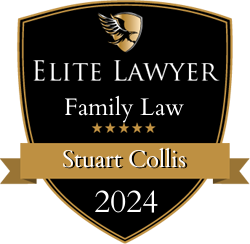 A black and gold shield with an eagle logo at the top. Text reads: "Elite Lawyer Family Law," with five stars underneath. Below, it says "Stuart Collis" and "2024" in gold.